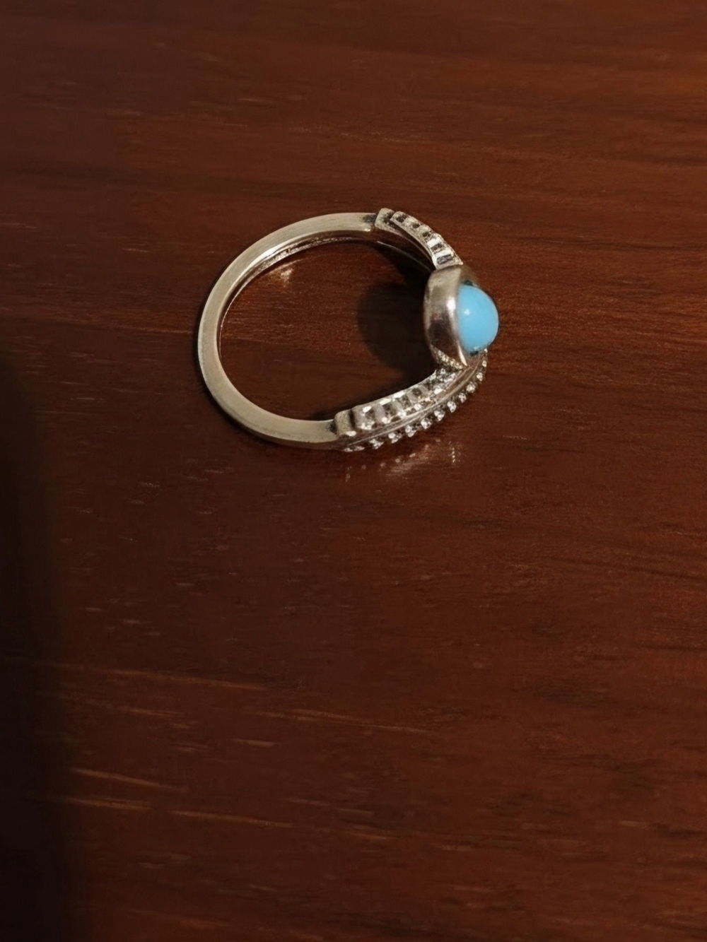 Silver Tone Ring with Bright Turquoise Cabochon - Size 4